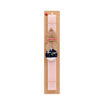 Earth map, Easter Set, wooden keychain & scented flat Easter candle (30cm) (PINK)