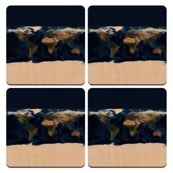 Earth map, ΣΕΤ x4 Σουβέρ ξύλινα τετράγωνα plywood (9cm)