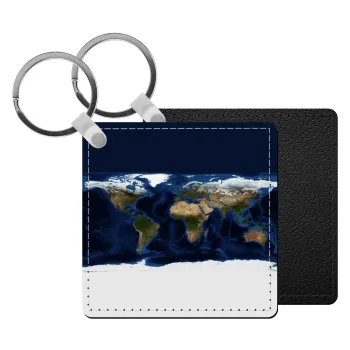 Earth map, Μπρελόκ Δερματίνη, τετράγωνο ΜΑΥΡΟ (5x5cm)