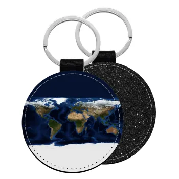 Earth map, Μπρελόκ Δερματίνη, στρογγυλό ΜΑΥΡΟ (5cm)
