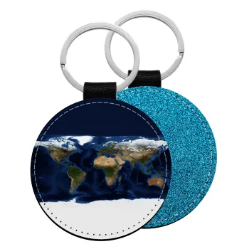 Earth map, Μπρελόκ Δερματίνη, στρογγυλό ΜΠΛΕ (5cm)