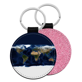 Earth map, Μπρελόκ Δερματίνη, στρογγυλό ΡΟΖ (5cm)