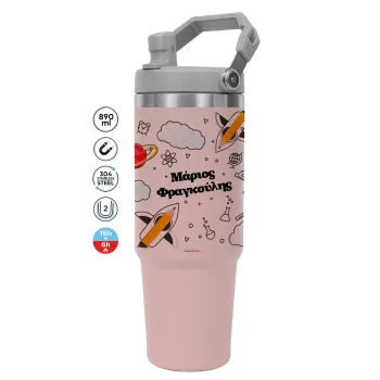 Επιστροφή στο σχολείο με το δικό σας όνομα, ΡΟΖ χρώματος Θερμός Ανοξείδωτο 890ml (30oz) με χερούλι