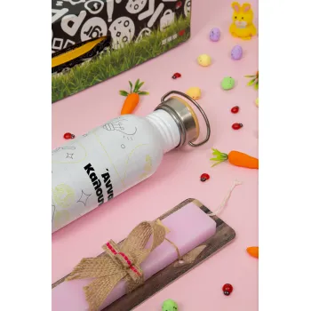 Επιστροφή στα θρανία με το δικό σας όνομα, Πασχαλινή Λαμπάδα με παγούρι μεταλλικό (620ml, stainless steel) & κερί αρωματικό πλακέ (30cm) (ΡΟΖ)