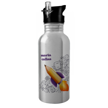 Back to school rocket pencil, Water bottle Silver with straw, stainless steel 600ml