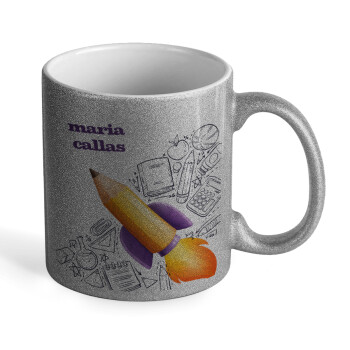 Back to school rocket pencil, Κούπα Ασημένια Glitter που γυαλίζει, κεραμική, 330ml