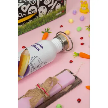 Επιστροφή στα θρανία παιδικό σχέδιο με το δικό σας όνομα, Πασχαλινή Λαμπάδα με παγούρι μεταλλικό (620ml, stainless steel) & κερί αρωματικό πλακέ (30cm) (ΡΟΖ)