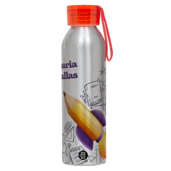 Επιστροφή στα θρανία παιδικό σχέδιο με το δικό σας όνομα, Αλουμινένιο Αθλητικό Μπουκάλι 650ml – Ασημί με Κόκκινο Καπάκι και Λουράκι Σιλικόνης