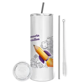 Επιστροφή στα θρανία παιδικό σχέδιο με το δικό σας όνομα, Tumbler ποτήρι θερμό από ανοξείδωτο ατσάλι 600ml, με μεταλλικό καλαμάκι & βούρτσα καθαρισμού