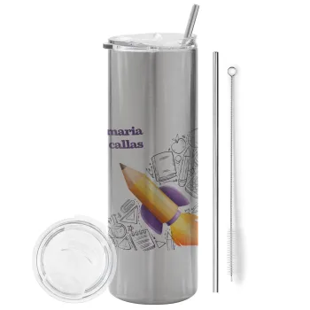 Επιστροφή στα θρανία παιδικό σχέδιο με το δικό σας όνομα, Tumbler ποτήρι θερμό Ασημένιο από ανοξείδωτο ατσάλι 600ml, με μεταλλικό καλαμάκι & βούρτσα καθαρισμού