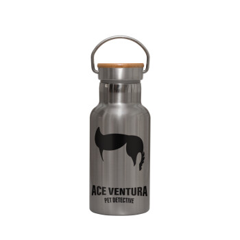 Ace Ventura Pet Detective, Μεταλλικό παγούρι θερμός (Stainless steel) Ασημένιο με ξύλινο καπακι (bamboo), διπλού τοιχώματος, 350ml