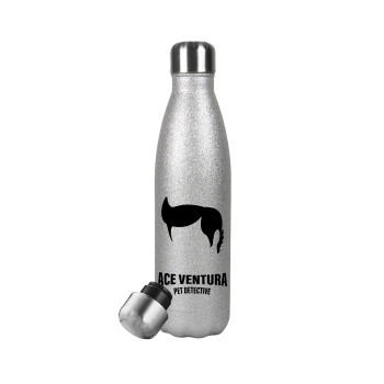 Ace Ventura Pet Detective, Μεταλλικό παγούρι θερμός Glitter Aσημένιο (Stainless steel), διπλού τοιχώματος, 500ml