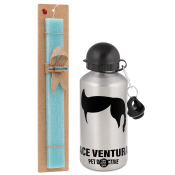 Ace Ventura Pet Detective, Easter Set, metallic silver aluminum water bottle (500ml) & scented flat Easter candle (30cm) (TURQUOISE)
