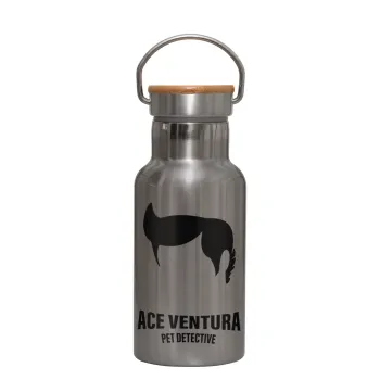Ace Ventura Pet Detective, Μεταλλικό παγούρι θερμός (Stainless steel) Ασημένιο με ξύλινο καπακι (bamboo), διπλού τοιχώματος, 350ml