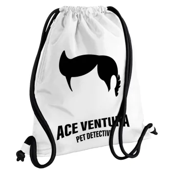 Ace Ventura Pet Detective, Τσάντα πλάτης πουγκί GYMBAG λευκή, με τσέπη (40x48cm) & χονδρά κορδόνια