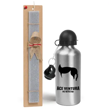 Ace Ventura Pet Detective, Easter Set, metallic silver aluminum water bottle (500ml) & aromatic flat Easter candle (30cm) (GRAY)