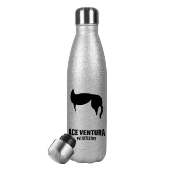 Ace Ventura Pet Detective, Μεταλλικό παγούρι θερμός Glitter Aσημένιο (Stainless steel), διπλού τοιχώματος, 500ml