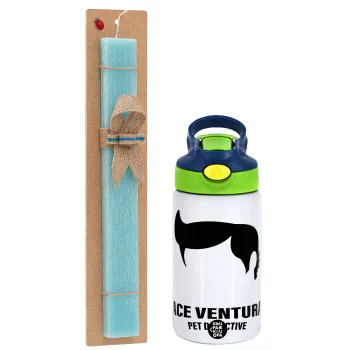 Ace Ventura Pet Detective, Easter Set, Children's thermal stainless steel bottle with safety straw, green/blue (350ml) & aromatic flat Easter candle (30cm) (TURQUOISE)