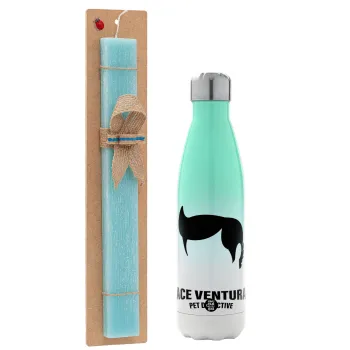 Ace Ventura Pet Detective, Easter Set, Metallic green/white thermos (Stainless steel), double-walled, 500ml & scented flat Easter candle (30cm) (TURQUOISE)