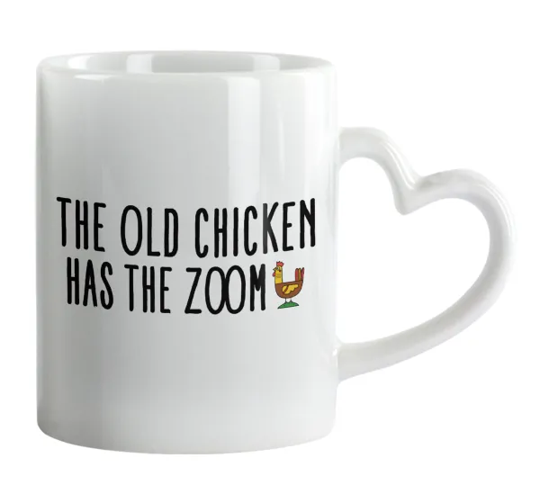The old chicken has the zoom — Κούπα καρδιά χερούλι λευκή, κεραμική, 330ml