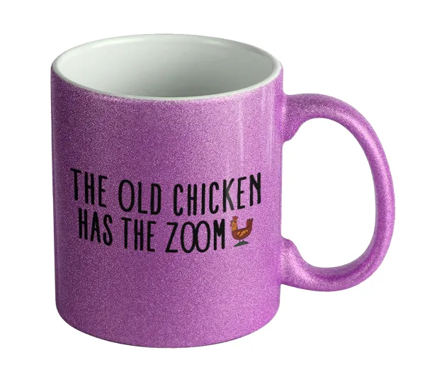 The old chicken has the zoom — Κούπα Μωβ Glitter που γυαλίζει, κεραμική, 330ml