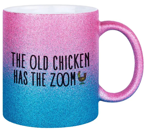 The old chicken has the zoom — Κούπα Χρυσή/Μπλε Glitter, κεραμική, 330ml