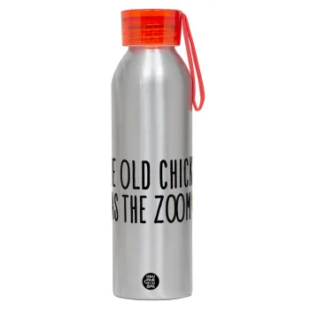 The old chicken has the zoom, Αλουμινένιο Αθλητικό Μπουκάλι 650ml – Ασημί με Κόκκινο Καπάκι και Λουράκι Σιλικόνης
