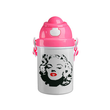 Merilin, Ροζ παιδικό παγούρι πλαστικό (BPA-FREE) με καπάκι ασφαλείας, κορδόνι και καλαμάκι, 400ml