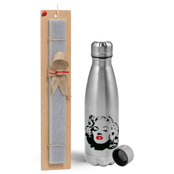 Merilin, Easter Set, metallic Inox water bottle (750ml) & aromatic flat Easter candle (30cm) (GRAY)