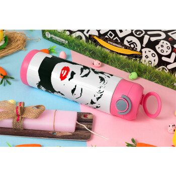 Merilin, Πασχαλινή Λαμπάδα με Παιδικό παγούρι θερμό, ανοξείδωτο, με καλαμάκι ασφαλείας, ΡΟΖ (500ml)