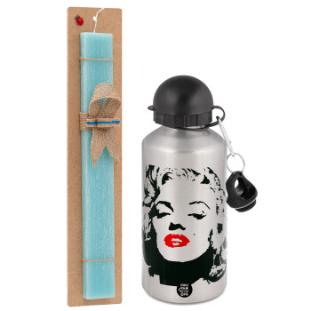 Merilin, Easter Set, metallic silver aluminum water bottle (500ml) & scented flat Easter candle (30cm) (TURQUOISE)