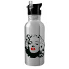 Water bottle Silver with straw, stainless steel 600ml