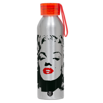 Merilin, Αλουμινένιο Αθλητικό Μπουκάλι 650ml – Ασημί με Κόκκινο Καπάκι και Λουράκι Σιλικόνης