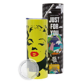 Merilin, Neon Yellow Travel Tumbler, with metal straw (Stainless steel 304 Food grade, BPA free, 600ml)