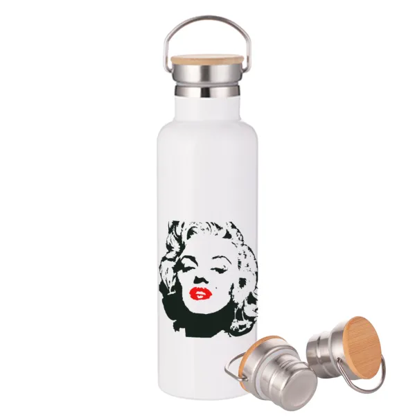 Merilin — Μεταλλικό παγούρι θερμός (Stainless steel) Λευκό με ξύλινο καπάκι (bamboo), διπλού τοιχώματος, 750ml