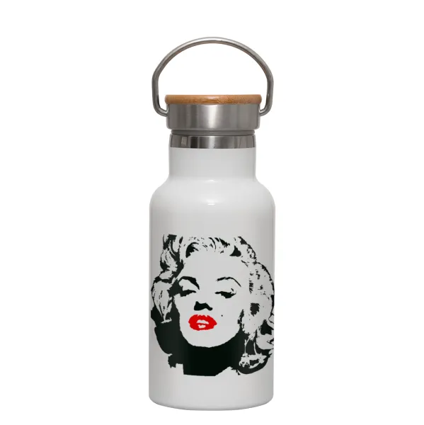 Merilin — Metallic thermos (Stainless steel) White with wooden lid (bamboo), double-walled, 350ml