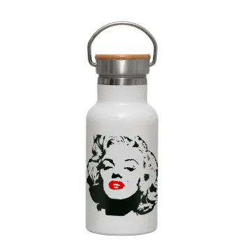 Merilin, Metallic thermos (Stainless steel) White with wooden lid (bamboo), double-walled, 350ml