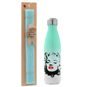 Merilin, Easter Set, Metallic green/white thermos (Stainless steel), double-walled, 500ml & scented flat Easter candle (30cm) (TURQUOISE)