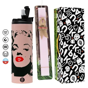 Merilin, Πασχαλινή Λαμπάδα με  ΡΟΖ Travel Tumbler θερμό (600ml, BPA free) & κερί αρωματικό πλακέ (30cm) (ΡΟΖ)