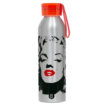 Merilin, Αλουμινένιο Αθλητικό Μπουκάλι 650ml – Ασημί με Κόκκινο Καπάκι και Λουράκι Σιλικόνης