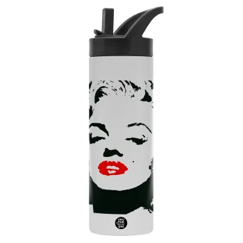 Merilin, Metallic thermos bottle with straw & handle, stainless steel (Stainless steel 304), double-walled, 600ml.