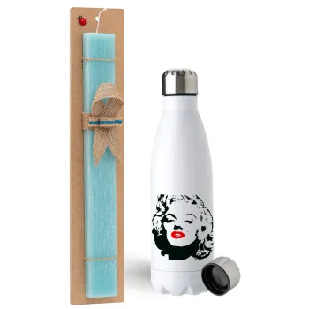 Merilin, Easter Set, metallic stainless steel water bottle (750ml) & aromatic flat Easter candle (30cm) (TURQUOISE)
