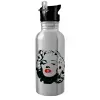 Water bottle Silver with straw, stainless steel 600ml