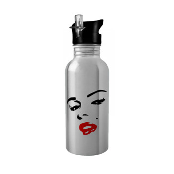 Marilyn Monroe, Water bottle Silver with straw, stainless steel 600ml