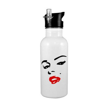 Marilyn Monroe, White water bottle with straw, stainless steel 600ml