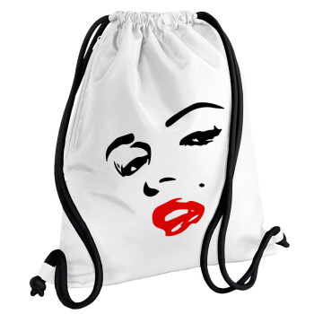 Marilyn Monroe, Τσάντα πλάτης πουγκί GYMBAG λευκή, με τσέπη (40x48cm) & χονδρά κορδόνια