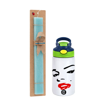 Marilyn Monroe, Easter Set, Children's thermal stainless steel bottle with safety straw, green/blue (350ml) & aromatic flat Easter candle (30cm) (TURQUOISE)