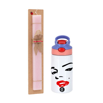 Marilyn Monroe, Πασχαλινό Σετ, Παιδικό παγούρι θερμό, ανοξείδωτο, με καλαμάκι ασφαλείας, ροζ/μωβ (350ml) & πασχαλινή λαμπάδα αρωματική πλακέ (30cm) (ΡΟΖ)