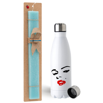 Marilyn Monroe, Easter Set, metallic stainless steel water bottle (750ml) & aromatic flat Easter candle (30cm) (TURQUOISE)