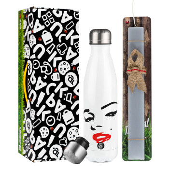 Marilyn Monroe, Easter candle, metallic white thermos bottle (500ml) & aromatic flat candle (30cm) (GRAY)
